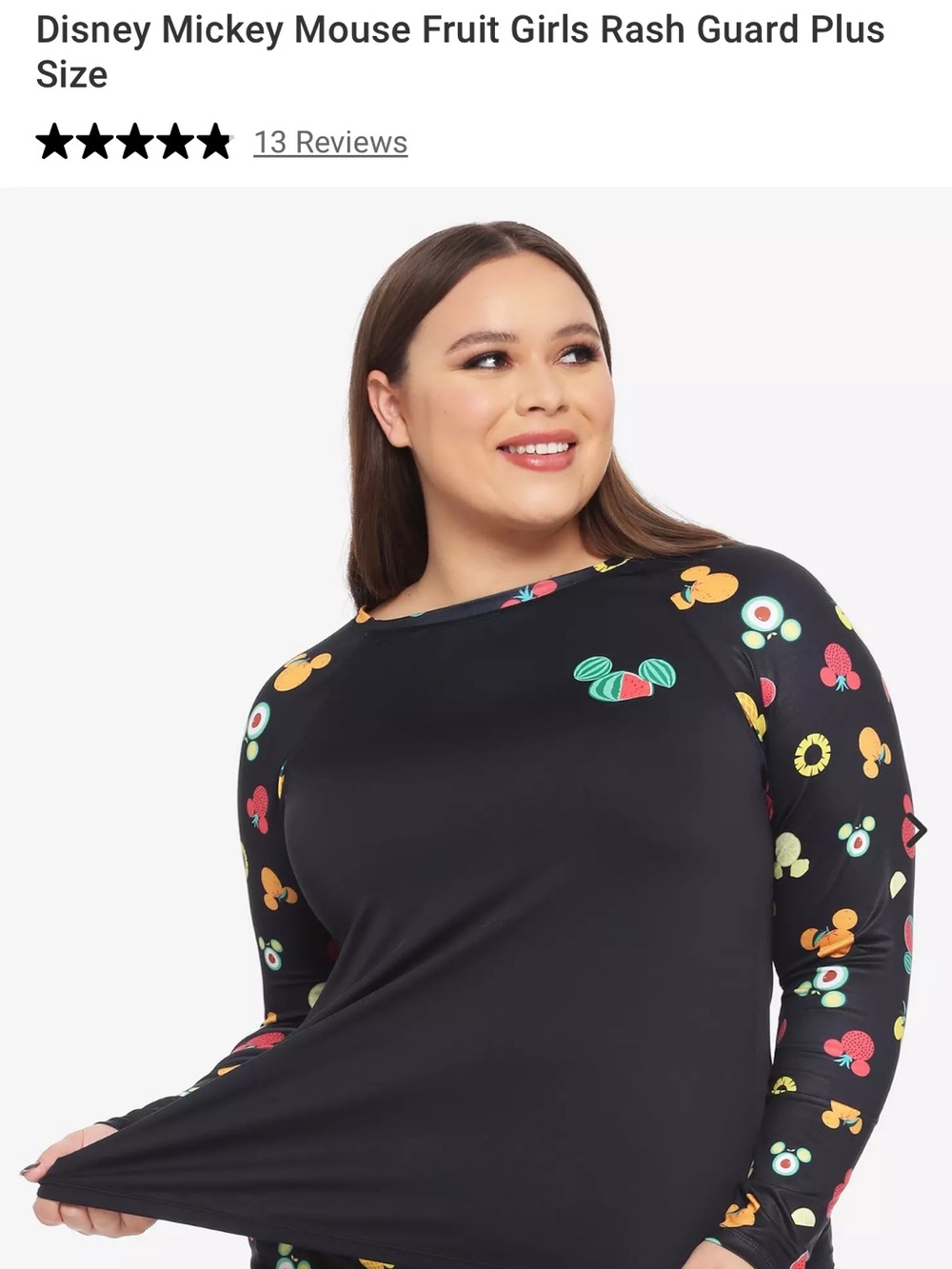 Disney Plus-Size Black Long-Sleeve Mickey Fruit Rash Guard and Shorts 3X